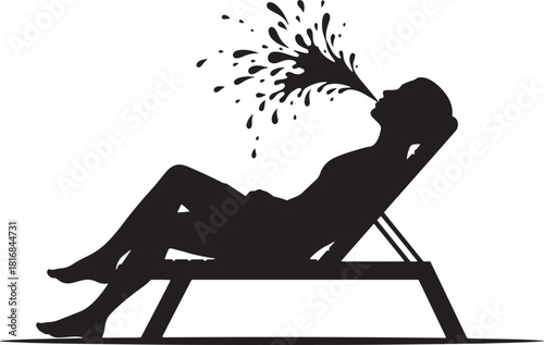 Silhouette of a woman reclined on a beach chair spurting liquid into the air is transparent