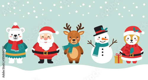 Cute Christmas Characters Celebrating the Holidays with Snow