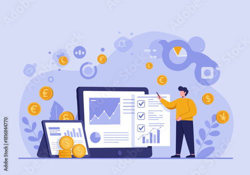 Business Manager Analyzing Digital Financial Report and Accounting Data on Tablet Screen with Currencies Flowing, Flat Illustration.