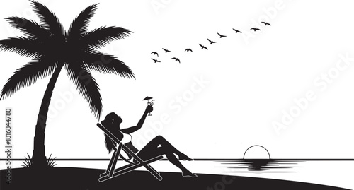 Silhouette of a woman relaxing in a beach chair raising a cocktail near birds