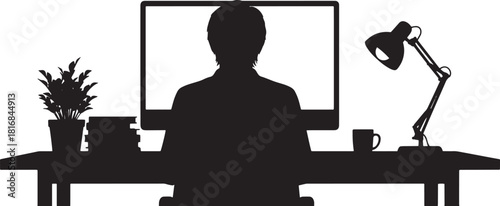 Silhouette shows person at computer with desk lamp, books, and mug for transparent background