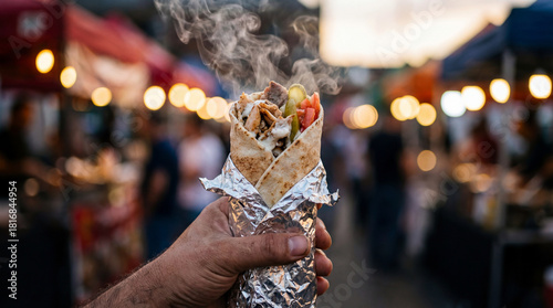 Hand Holding Steaming Shawarma Wrap at Busy Street Food Market Evening