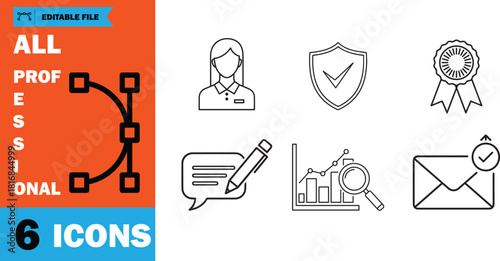 Six distinct linear icons represent various professional and communication themes in a simple, clean manner
