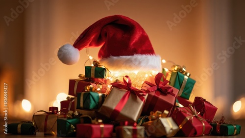 Pile of Christmas Gifts Under Santa Hat with Lights