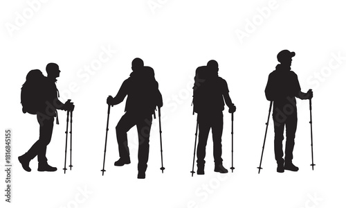 Four hikers with backpacks and trekking poles depicted in a striking black silhouette against a white background silhouette