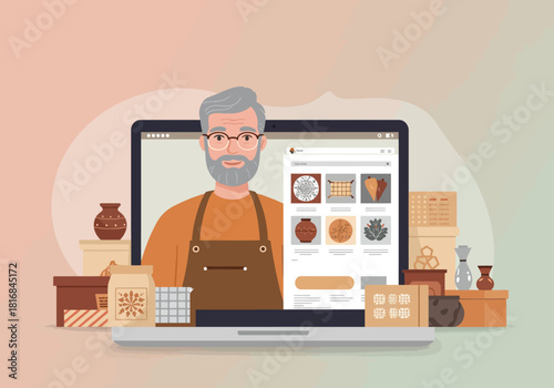 Senior artisan small business owner selling handmade crafts and pottery online via laptop e-commerce shop. Digital store and retail vector illustration.