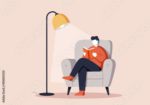 Comfortable man sitting and reading a book in a cozy armchair under a floor lamp light. Home leisure, relaxation, and hobby concept flat vector illustration.