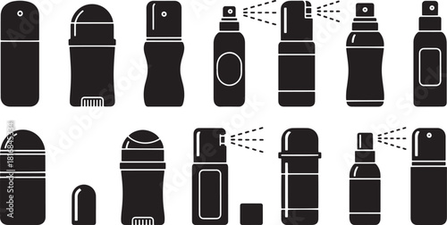 Various antiperspirant and deodorant packaging are visible, illustrating stick, spray, roll on and pump bottle options in black silhouette on