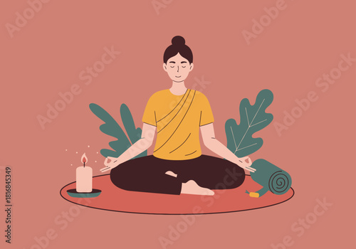 Vector Illustration of Peaceful Woman Meditating in Lotus Pose. Flat graphic for Yoga, Mindfulness, Spiritual Wellness, and Stress Relief.