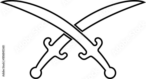 Crossed Swords Icon with Blade, Saber, Cutlass, Sword, Weapon, Steel and Combat Symbols in Black Line Style Vector for Medieval and Battle Design