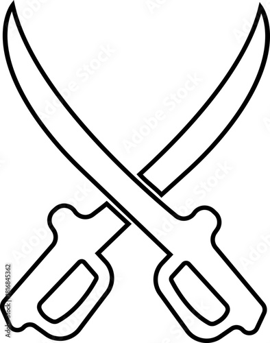 Crossed Swords Icon with Blade, Saber, Cutlass, Sword, Weapon, Steel and Combat Symbols in Black Line Style Vector for Medieval and Battle Design