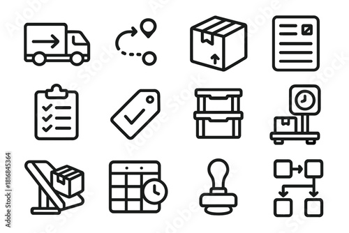 Warehouse Logistics Icons. Warehouse Logistics Set linear icon set: delivery truck, route arrow, shipment box, packing slip, inventory clipboard, checkmark label, stackable