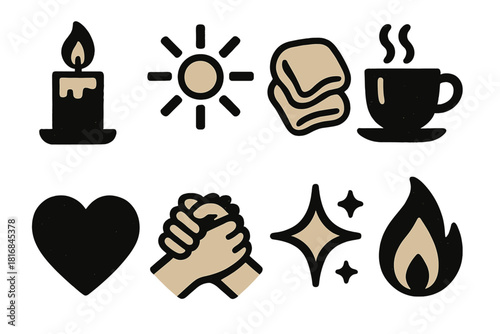 Cozy Icon Set. Gentle Warmth Icons silhouette icon set. candlelight, sunshine, cozy blanket, cup of tea, heart, hands clasped, sparkle, glowing flame
