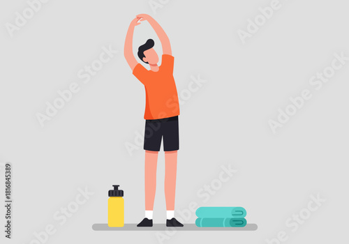 Vector Illustration of Man Doing Side Bend Stretching Exercise. Flat Graphic Design for Fitness Warm-up Routine and Healthy Lifestyle.