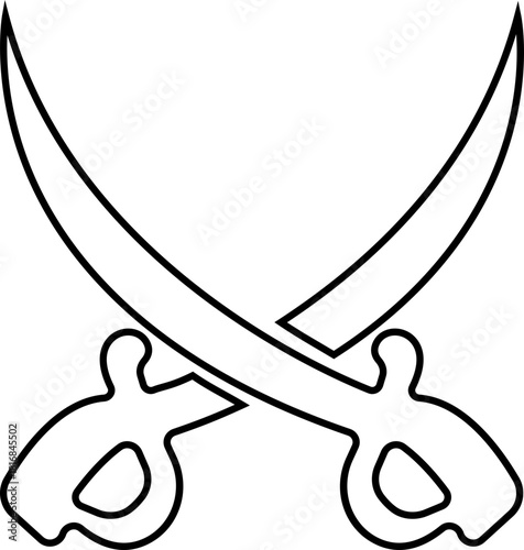 Crossed Swords Icon with Blade, Saber, Cutlass, Sword, Weapon, Steel and Combat Symbols in Black Line Style Vector for Medieval and Battle Design
