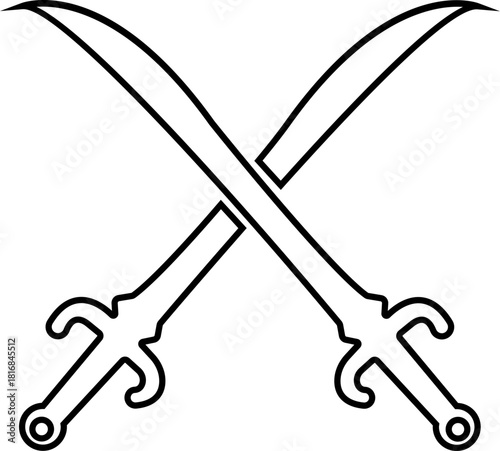 Crossed Swords Icon with Blade, Saber, Cutlass, Sword, Weapon, Steel and Combat Symbols in Black Line Style Vector for Medieval and Battle Design