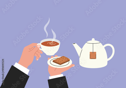 Hot Tea Time Break Vector Illustration. Person's hands holding a steaming cup of tea and biscuit on a saucer next to a classic white teapot.