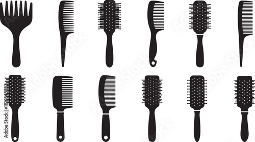 Various types of black combs and hairbrushes are displayed on a clean, transparent background