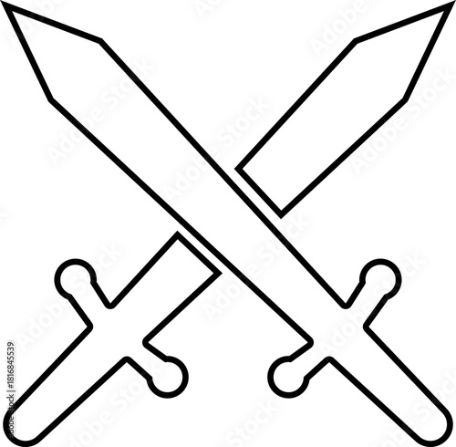 Crossed Swords Icon with Blade, Saber, Cutlass, Sword, Weapon, Steel and Combat Symbols in Black Line Style Vector for Medieval and Battle Design