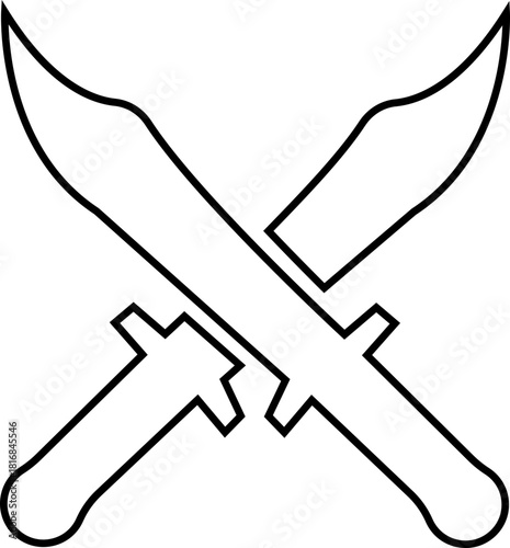 Crossed Swords Icon with Blade, Saber, Cutlass, Sword, Weapon, Steel and Combat Symbols in Black Line Style Vector for Medieval and Battle Design