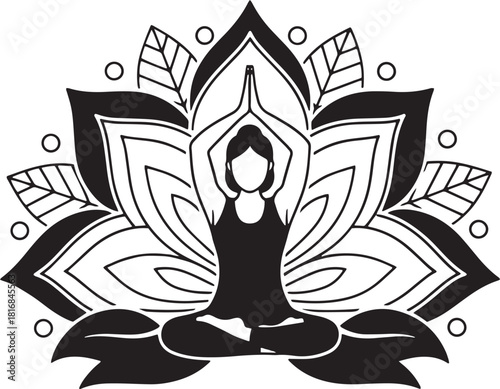 Woman meditates in lotus position against an ornate mandala backdrop; background is transparent