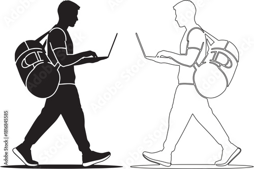 Young man walking with laptop and duffel bag is shown in black silhouette