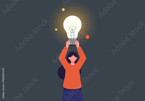 Business Idea and Inspiration Concept. Woman holding a glowing light bulb above her head, symbolizing successful innovation, eureka moment, and creative problem-solving in flat vector design.