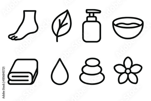 Beauty Wellness Icons. Beauty wellness concept linear icon set: foot outline, leaf, lotion pump, water bowl, towel, droplet, pebble, flower