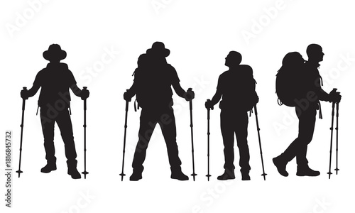 Four backpackers with trekking poles captured in a striking black silhouette against a white background