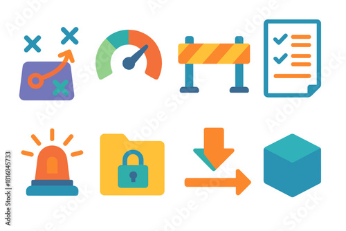Modern Protective Icons. Protective Planning flat icon set: strategy map, risk gauge, barrier line, documented plan, alert beacon, secure folder, mitigation arrow, stable block