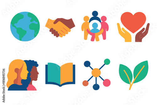 Cultural Harmony Icons. Cultural harmony elements flat icon set: globe, handshake, unity circle, diverse silhouettes, shared heart, open book, connection nodes, peace leaf