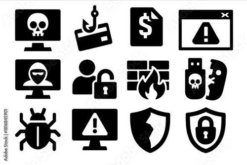 Computer Threat Icons. Computer Threats silhouette icon set: virus attack, phishing scam, ransomware symbol, warning popup, hacker screen, data breach, firewall barrier, infected