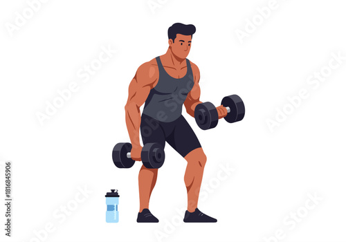 Muscular Athletic Man Doing Dumbbell Bicep Curls for Strength Training and Fitness Workout. Full-Body Vector Illustration of Male Exercising on White Background.