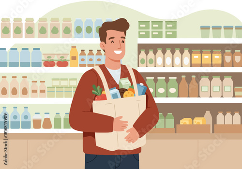 Smiling Young Man Shopping for Groceries Holding Reusable Eco-Friendly Tote Bag in Supermarket Aisle. Vector Illustration of Sustainable Lifestyle.