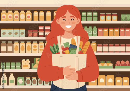 Happy young woman consumer holding a reusable shopping tote bag full of fresh groceries in a supermarket aisle. Flat vector illustration of successful retail shopping.
