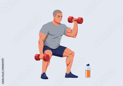 Muscular Man Doing Dumbbell Workout Squat Exercise. Strong Athletic Male Weightlifting and Strength Training for Fitness and Bodybuilding.