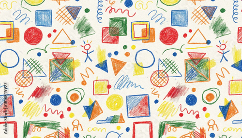 Funky crayon drawn geometric shapes and lines. Colorful pencil or chalk drawn naive Swiss design aesthetic. Basic geometric shapes, dots, playful pattern, primitive forms and figures