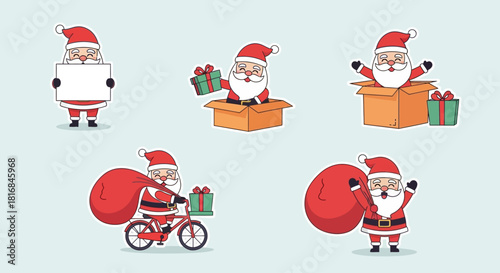 Five Festive Santa Claus Illustrations Depicting Holiday Cheer and Gift Giving