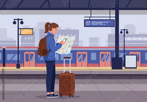 Female Traveler Checking Map and Smartphone on Train Station Platform. Vector Illustration of Young Woman with Luggage Planning Urban Trip Navigation.