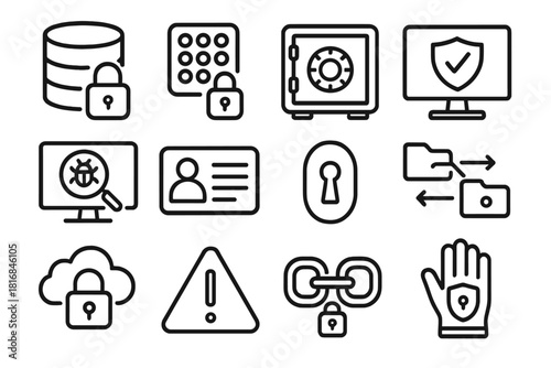 Cybersecurity Icons Set. Information Security linear icon set: secure database, login keypad, safe lock, antivirus monitor, bug detection, identity card, keyhole, data flow, secure