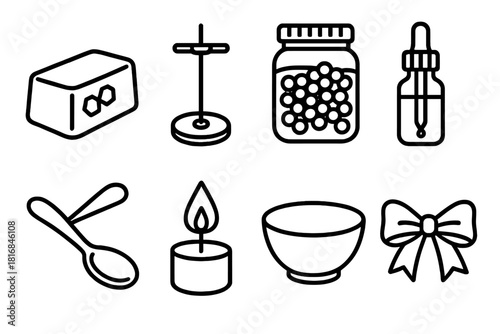 Candle Making Icons. Candle Making linear icon set. beeswax block, wick holder, jar of wax, dropper bottle, spoon, flame, mixing bowl, ribbon