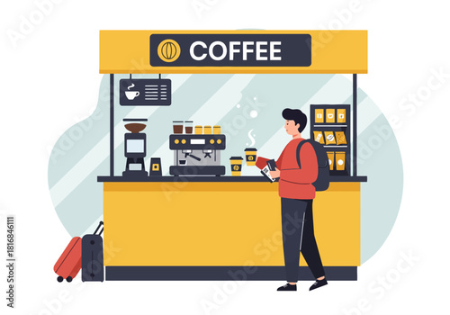 Traveler Buying Coffee at Yellow Kiosk Stand. Flat Vector Illustration of Man Purchasing Hot Espresso Beverage at Quick Service Retail Counter.