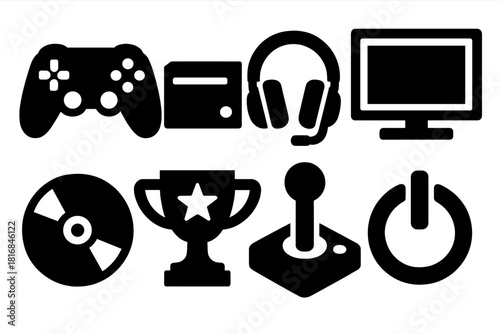 Bold Gaming Icons. Console Gaming silhouette icon set: game controller, console box, headset, TV screen, disc icon, trophy badge, joystick, power button