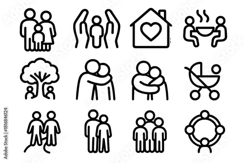 Family Icons Set. Family Icons linear icon set: family silhouette, parent hands, child figure, home heart, shared meal bowl, family tree, warm hug, stroller icon, together path