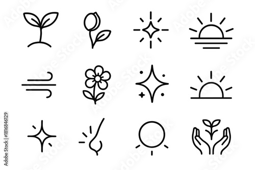 Nature's Fresh Icons. Young & Fresh Set linear icon set: newborn sprout, tiny bud, soft shimmer, early light, fresh breeze line, small bloom, gentle shine, youthful arc, bright