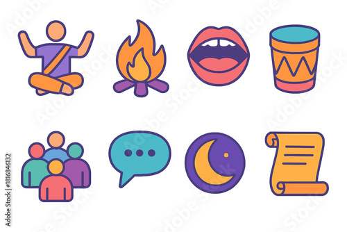 Oral Storytelling Icons. Oral Narratives flat icon set: storyteller figure, campfire, open mouth, drum, gathered crowd, speech bubble, moonlight, scroll