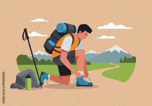 Hiker Man Tying Boots Preparing for Mountain Trekking Adventure. Flat Vector Illustration of Person Adjusting Shoelaces Before Hiking on Outdoor Trail.