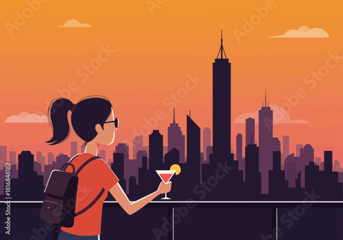 Young Woman Enjoying Sunset View Over Manhattan NYC Skyline from Rooftop Bar Holding a Cocktail. Flat Vector Illustration for Travel and Urban Lifestyle.