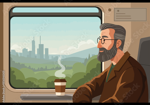 Bearded man wearing glasses sitting on a train, enjoying a coffee and looking out the window at the cityscape and scenic rural landscape. Vector illustration of travel and contemplation.
