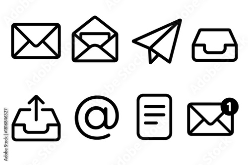Email Icons Collection. Email essentials linear icon set: envelope, open envelope, paper plane, inbox tray, outbox tray, at-symbol, message sheet, notification badge